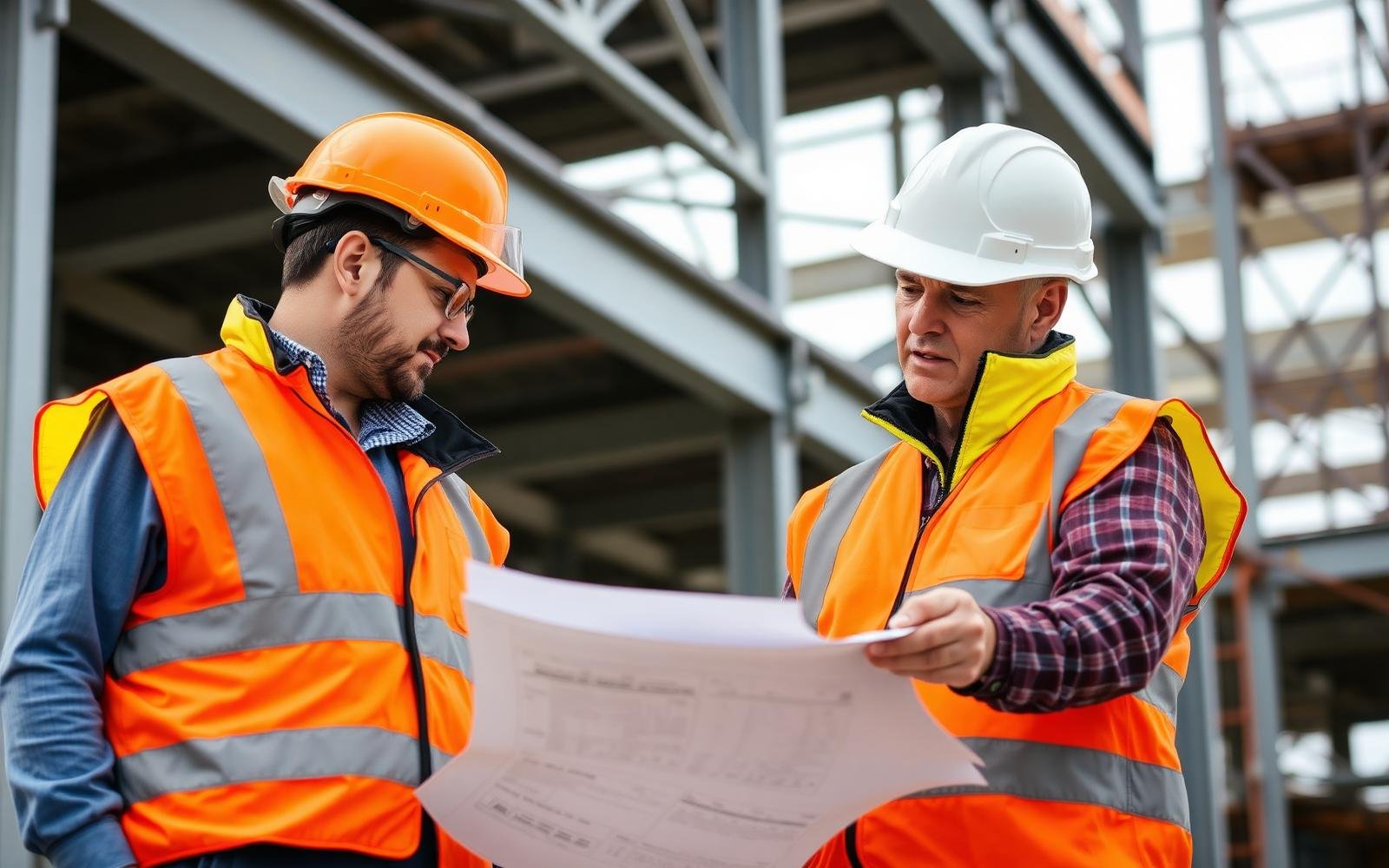 Engineers reviewing blueprints on site